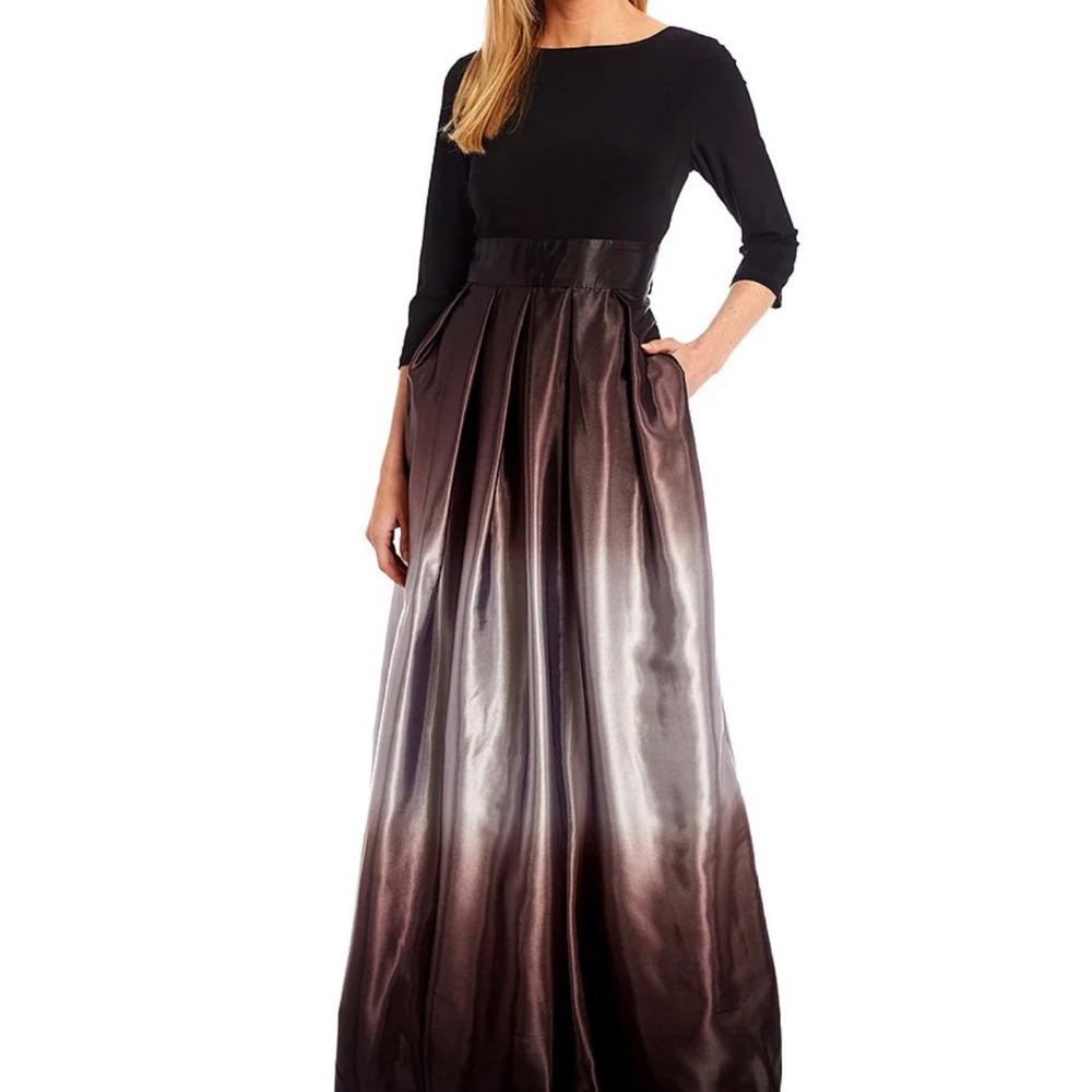 Ombre Satin Boat Neck 3/4 Sleeve Tie Waist Pocketed Ball Gown